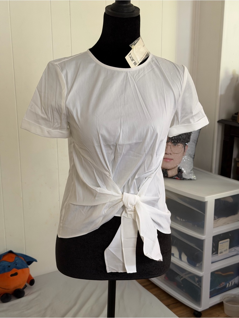 Bar III White Tie-Front Short Sleeve Blouse Size XXS